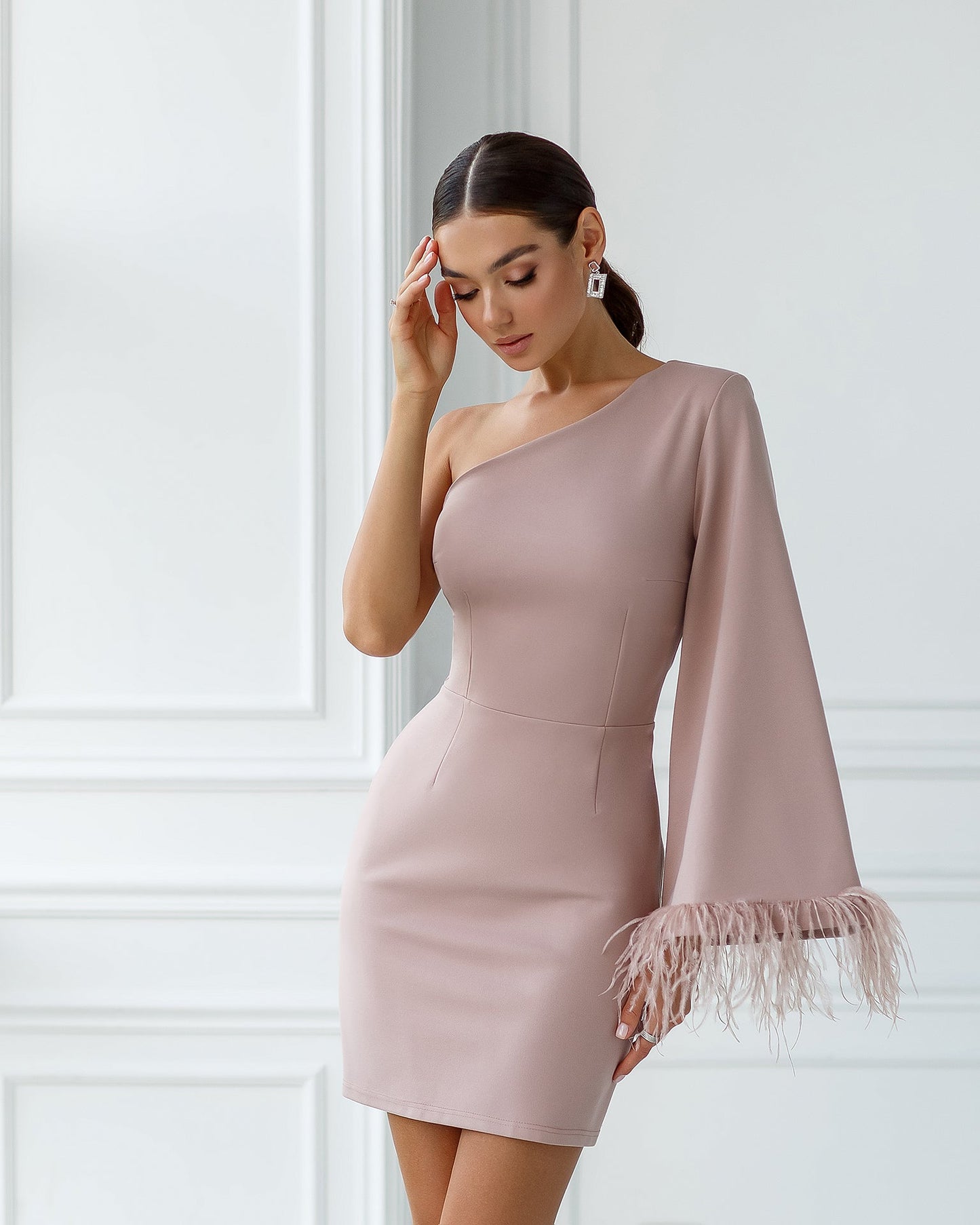 trinarosh Beige One-Shoulder Feather Sleeve Mini Dress