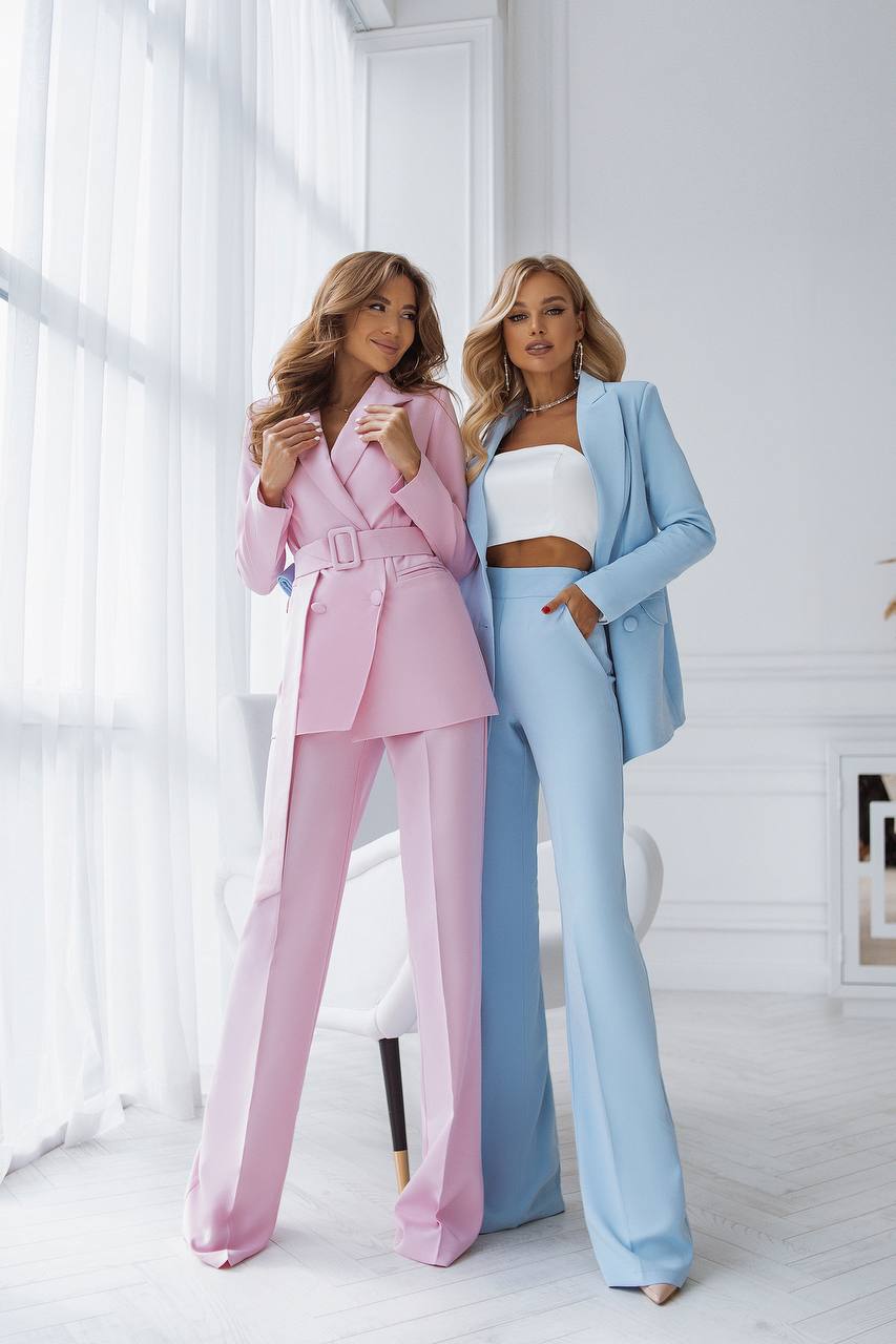 Sky-Blue Belted Double Breasted Suit 2-Piece – trinarosh