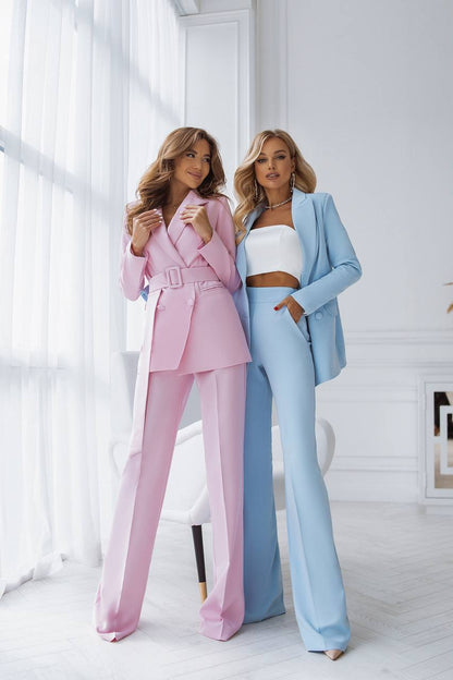 trinarosh Sky-Blue Belted Double Breasted Suit 2-Piece