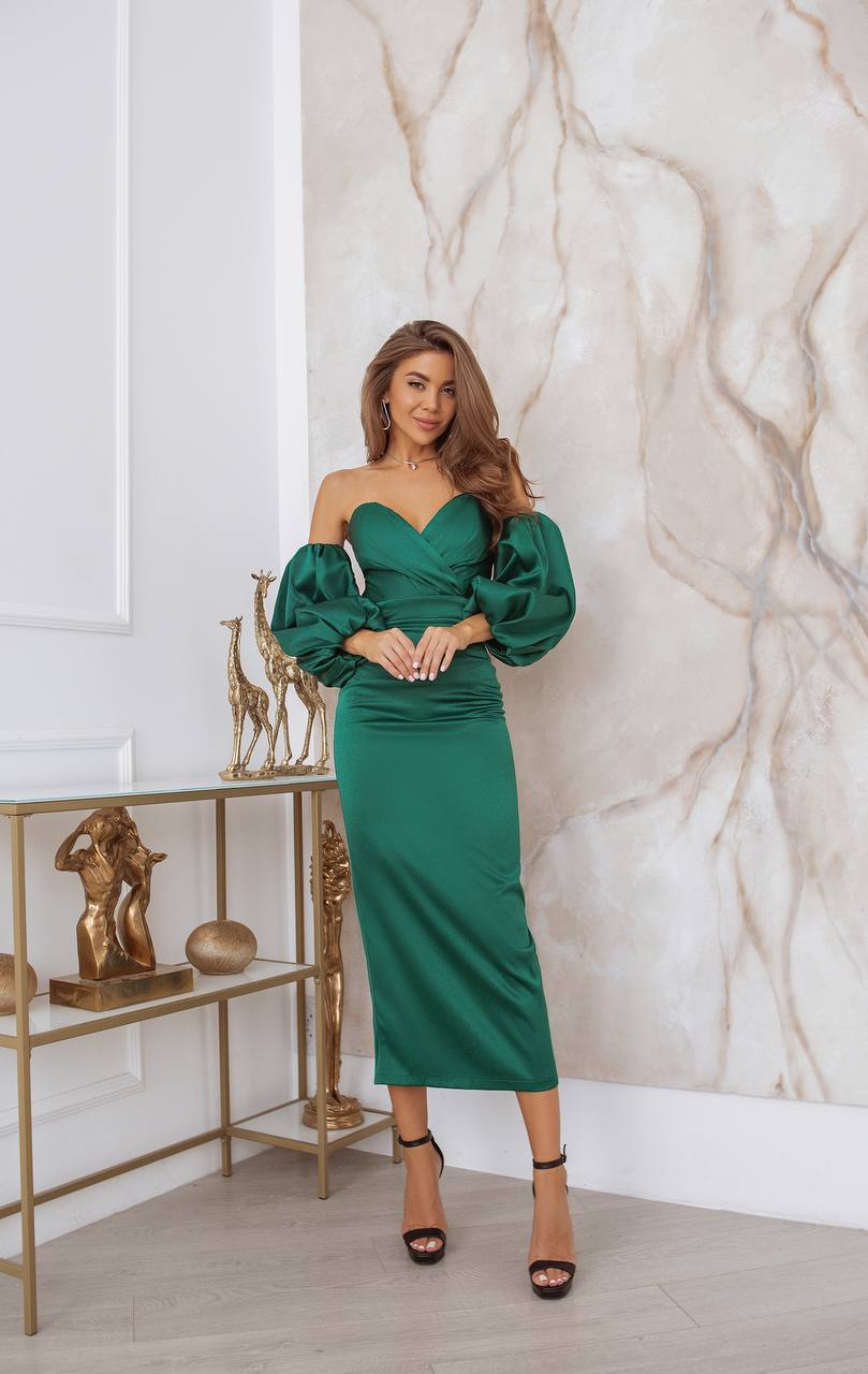 trinarosh Emerald Puffed Sleeve Midi Prom Dress