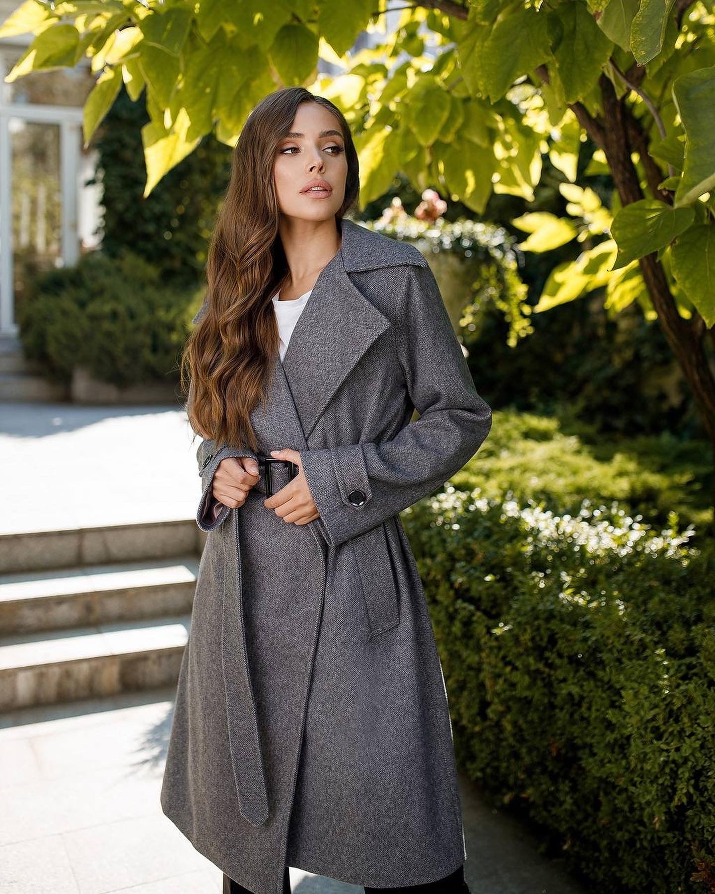 trinarosh Casual Grey Wool Belted Coat