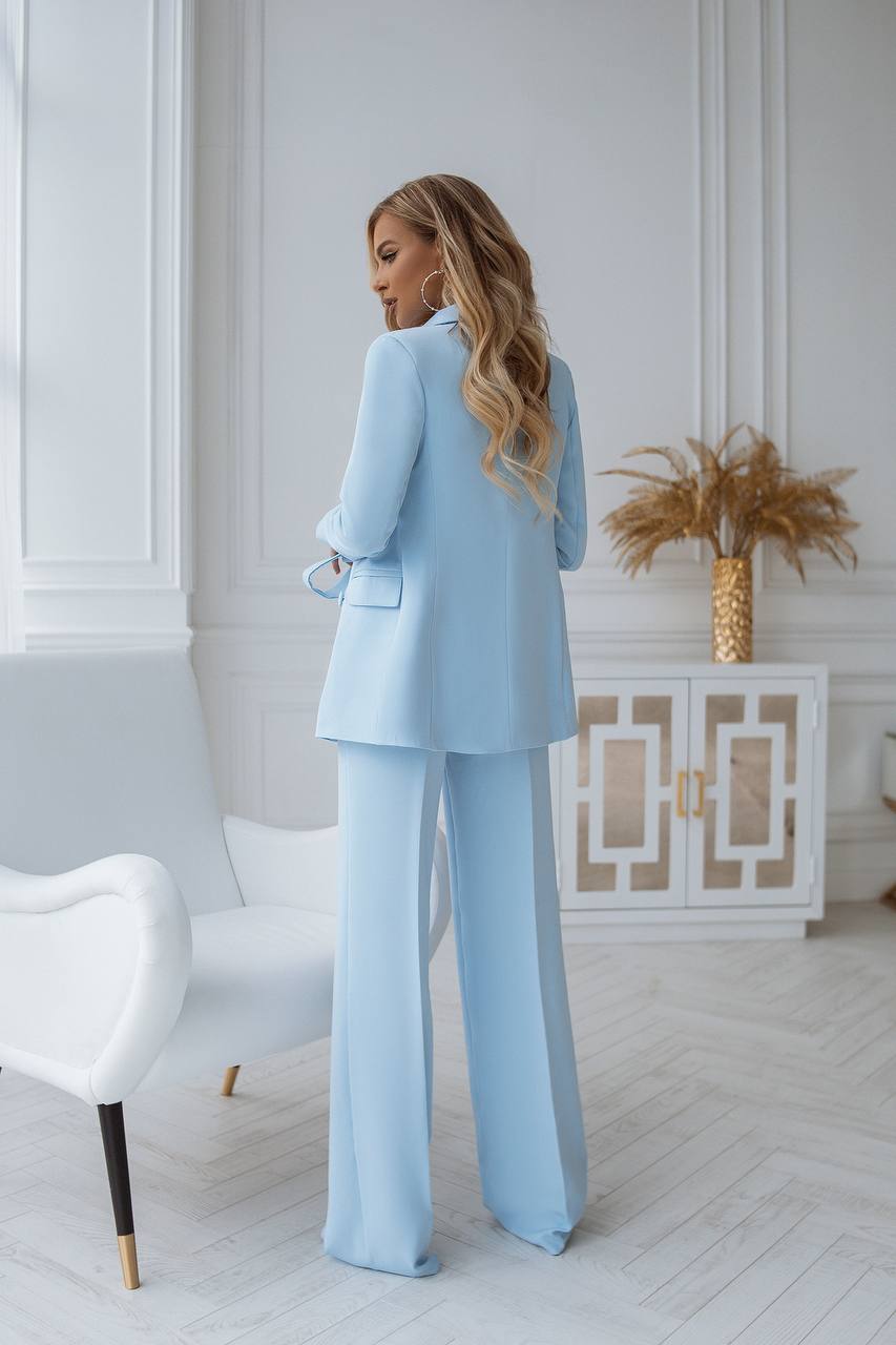 trinarosh Sky-Blue Belted Double Breasted Suit 2-Piece