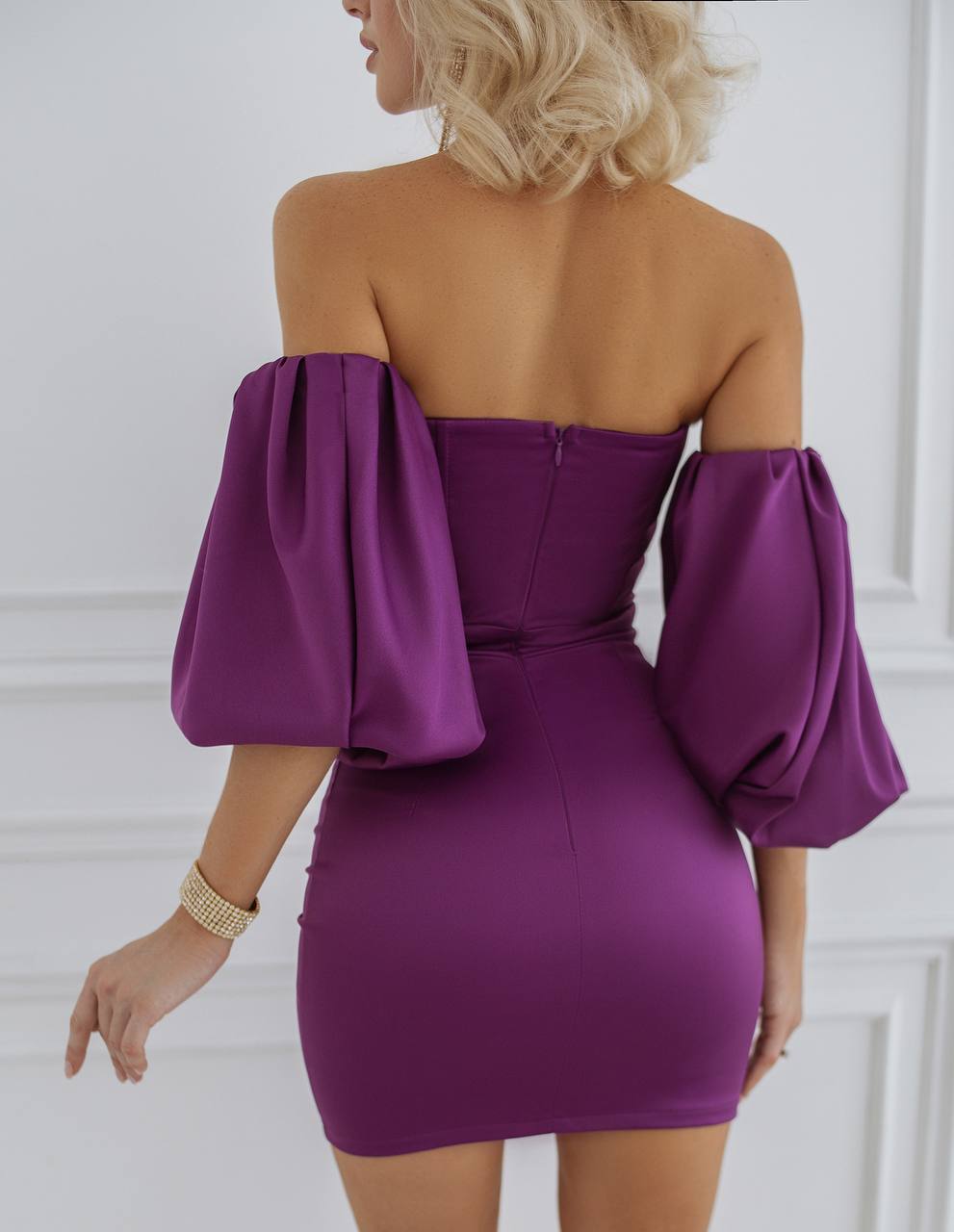 trinarosh Purple Puffed Sleeve Mini Prom Dress