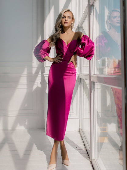 trinarosh Fuchsia Puffed Sleeve Midi Prom Dress