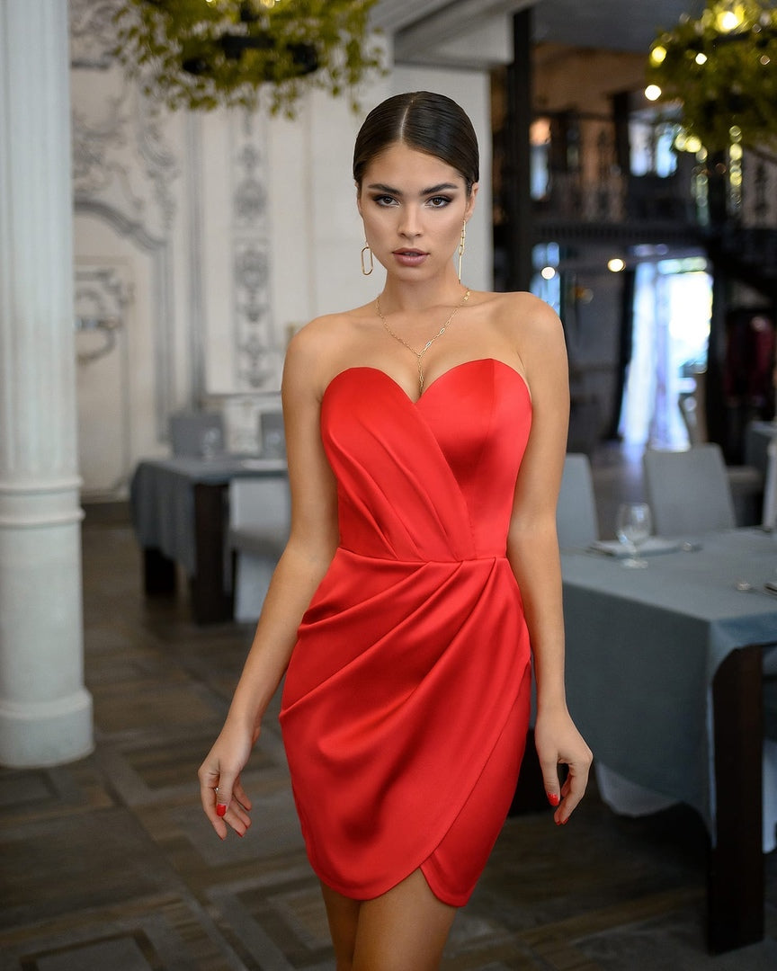 trinarosh Red Satin Strapless Mini Dress