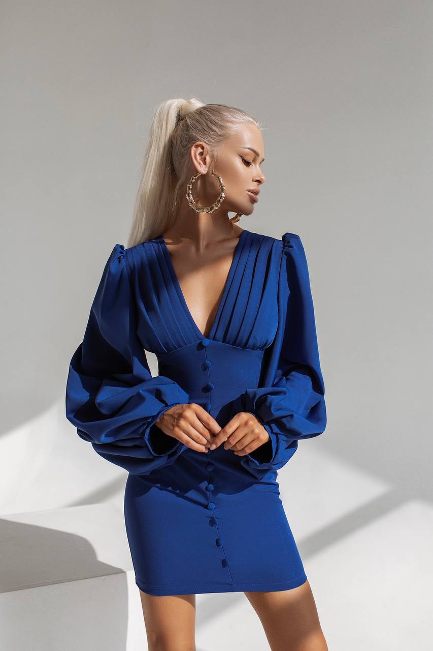 trinarosh Blue Backless Puff Sleeve Mini Dress