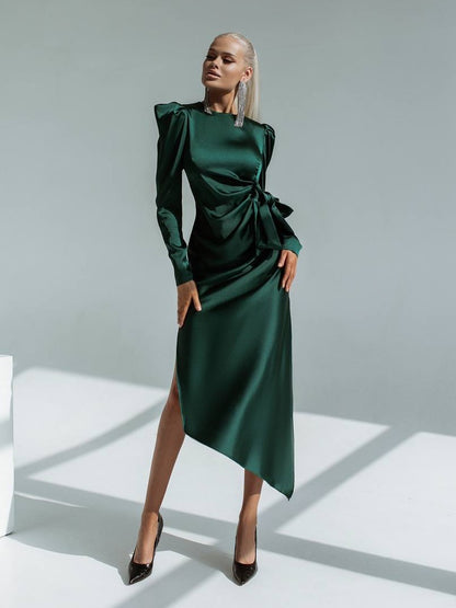trinarosh Emerald Puff Sleeve Wrap Dress