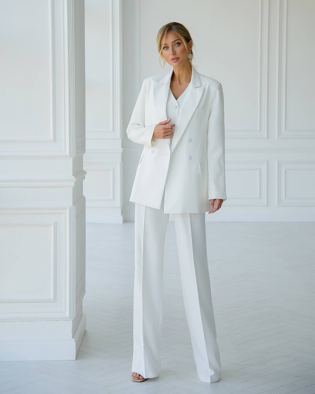 a woman in a white suit standing in a room