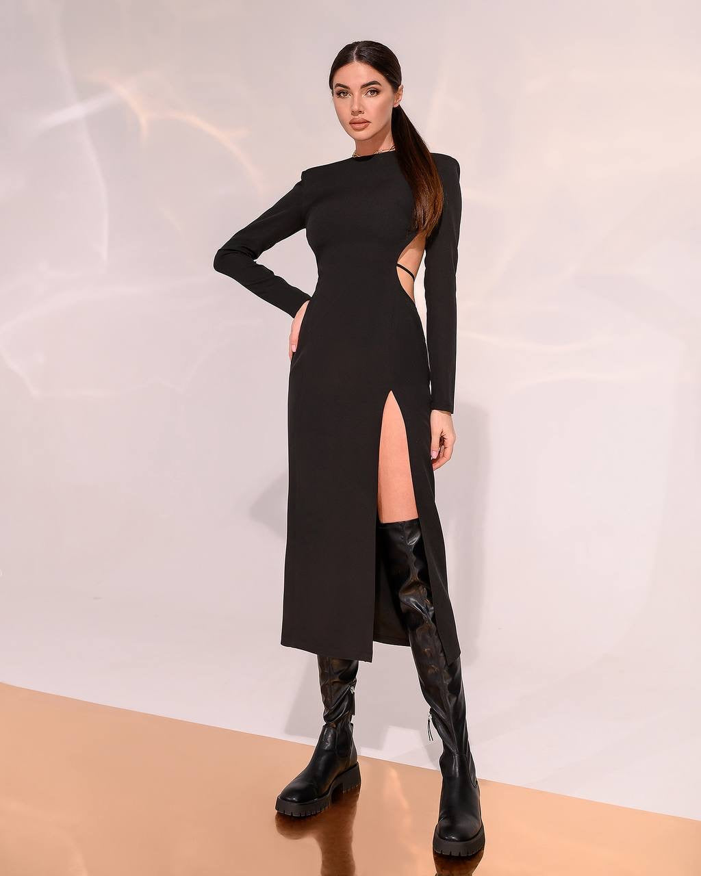 trinarosh Black Backless With Leg Slit Midi Dress