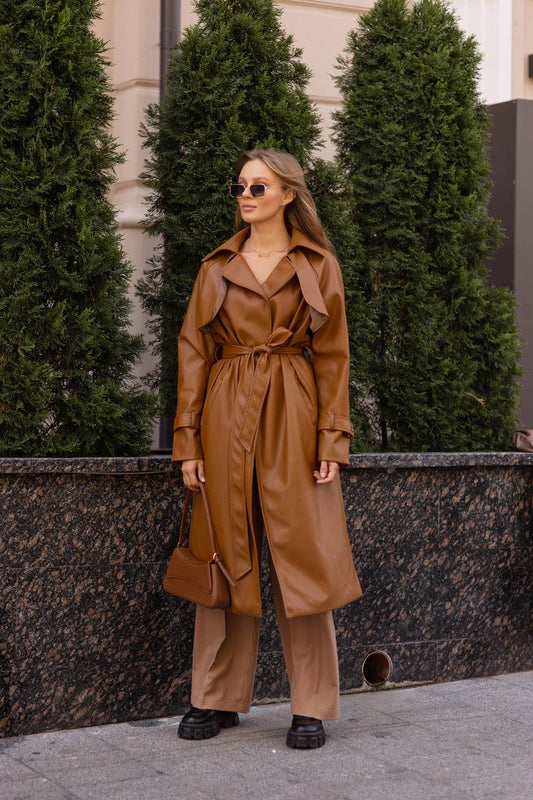trinarosh Brown Leather Belted Trench Coat