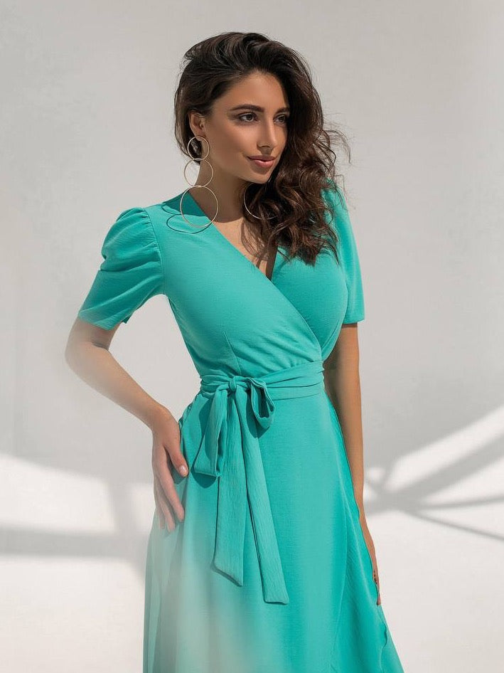 trinarosh Green Wrap Short Sleeve Midi Dress