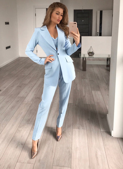 trinarosh Sky-Blue Casual 3-Piece Suit With Straight Leg Trousers And Top