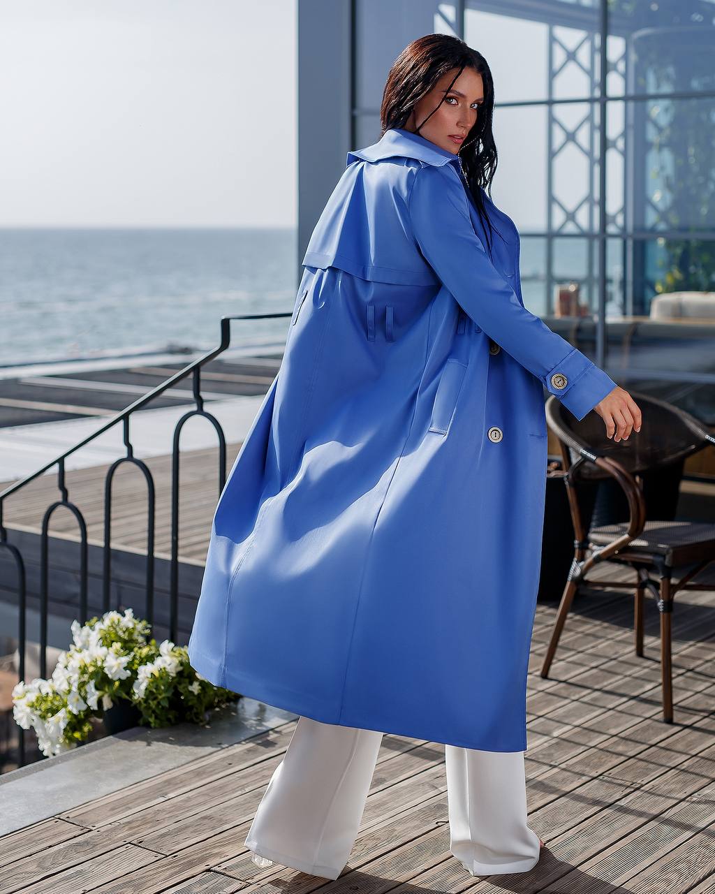 trinarosh Blue Double-Breasted Belted Trench Coat