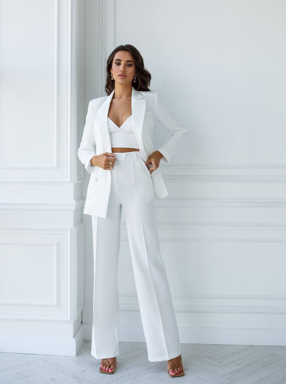 trinarosh White Double Breasted Wide Leg Suit 3-Piece With Top