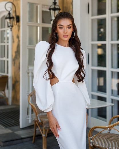 trinarosh White Backless Cut-Out Puff-Sleeve Midi Dress