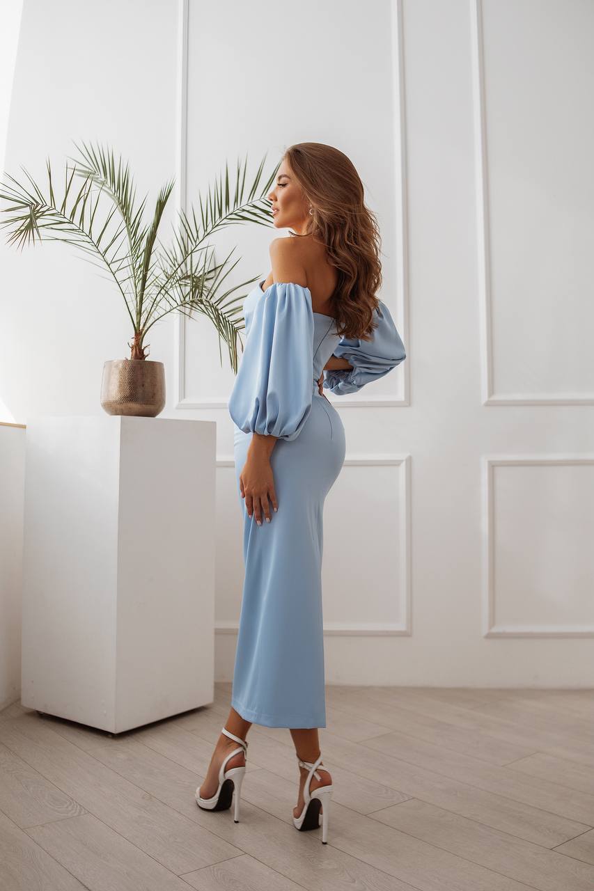 trinarosh Sky-Blue Puffed Sleeve Midi Prom Dress