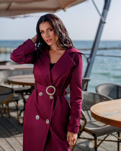 trinarosh Bordeaux Double-Breasted Belted Trench Coat