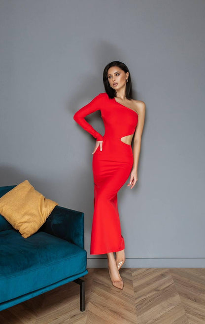 trinarosh Red One-Shoulder Cut-Out Midi Dress