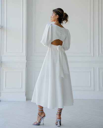 White Backless Puff Sleeve Midi Dress trinarosh White Backless Puff Sleeve Midi Dress trinarosh