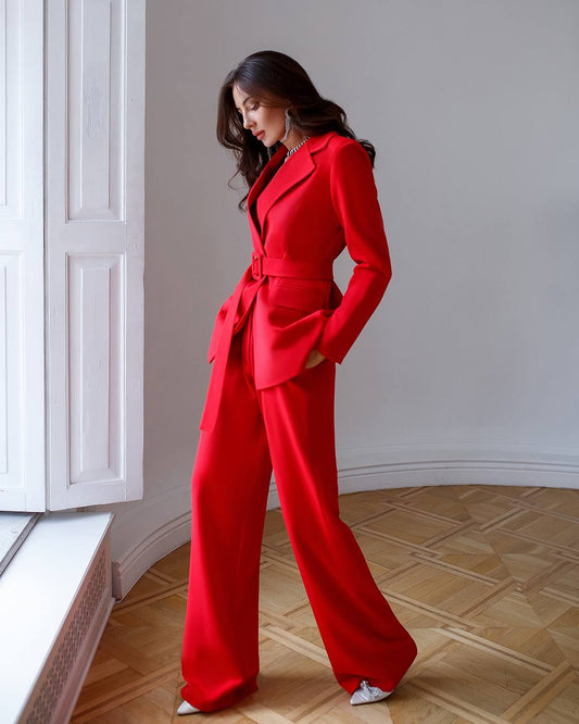 trinarosh Red Belted Wide-Leg Suit 2-Piece