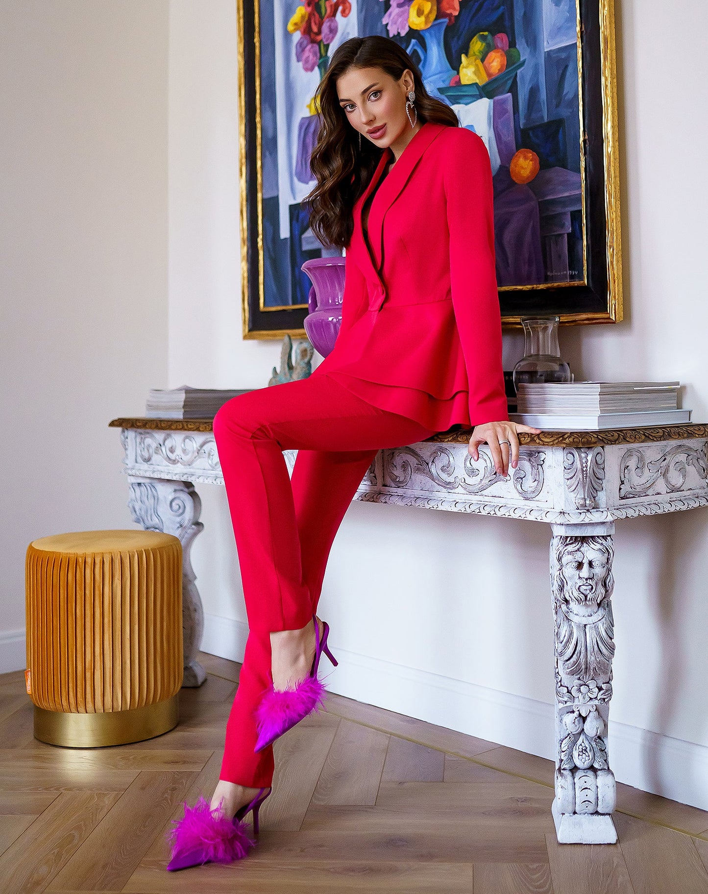 trinarosh Red Trouser 2-Piece Suit With Basque