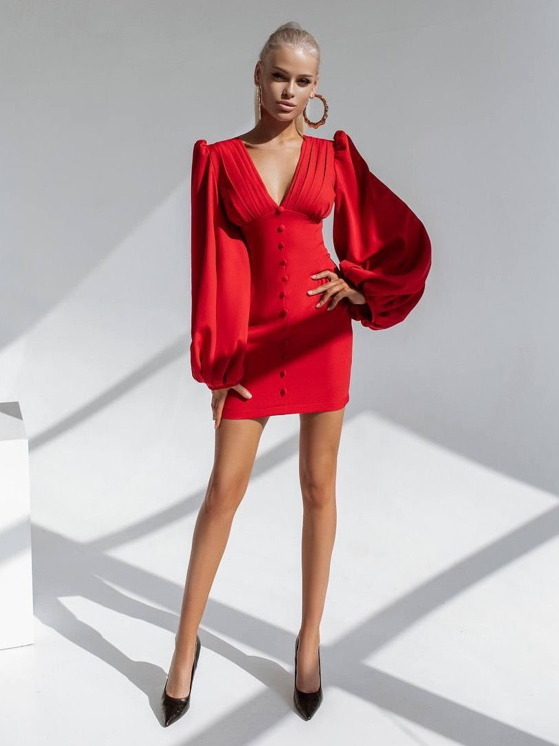trinarosh Red Backless Puff Sleeve Mini Dress