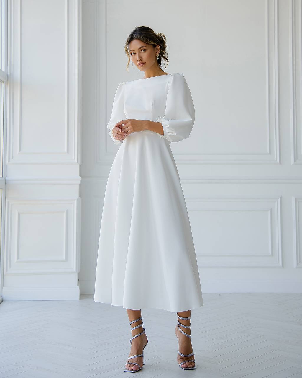 white dress with sleeves White Backless Puff Sleeve Midi Dress – trinarosh