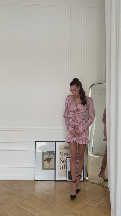 Dusty-Pink Silk Long Sleeve Ruched Mini Dress