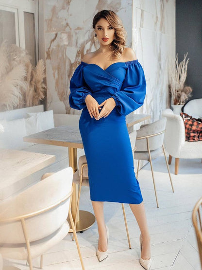 trinarosh Blue Puff-Sleeve Midi Dress