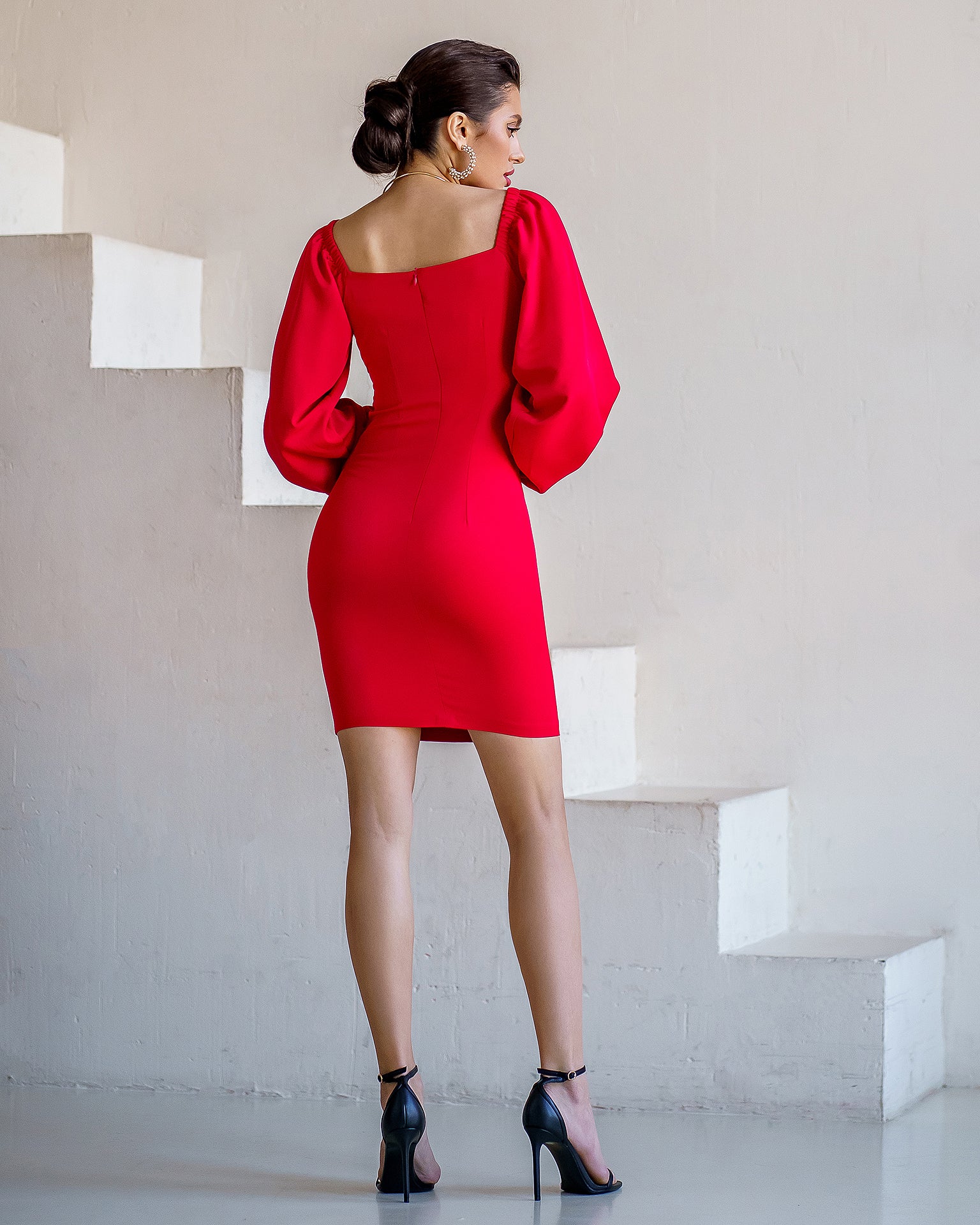 trinarosh Red Puff-Sleeve Mini Dress