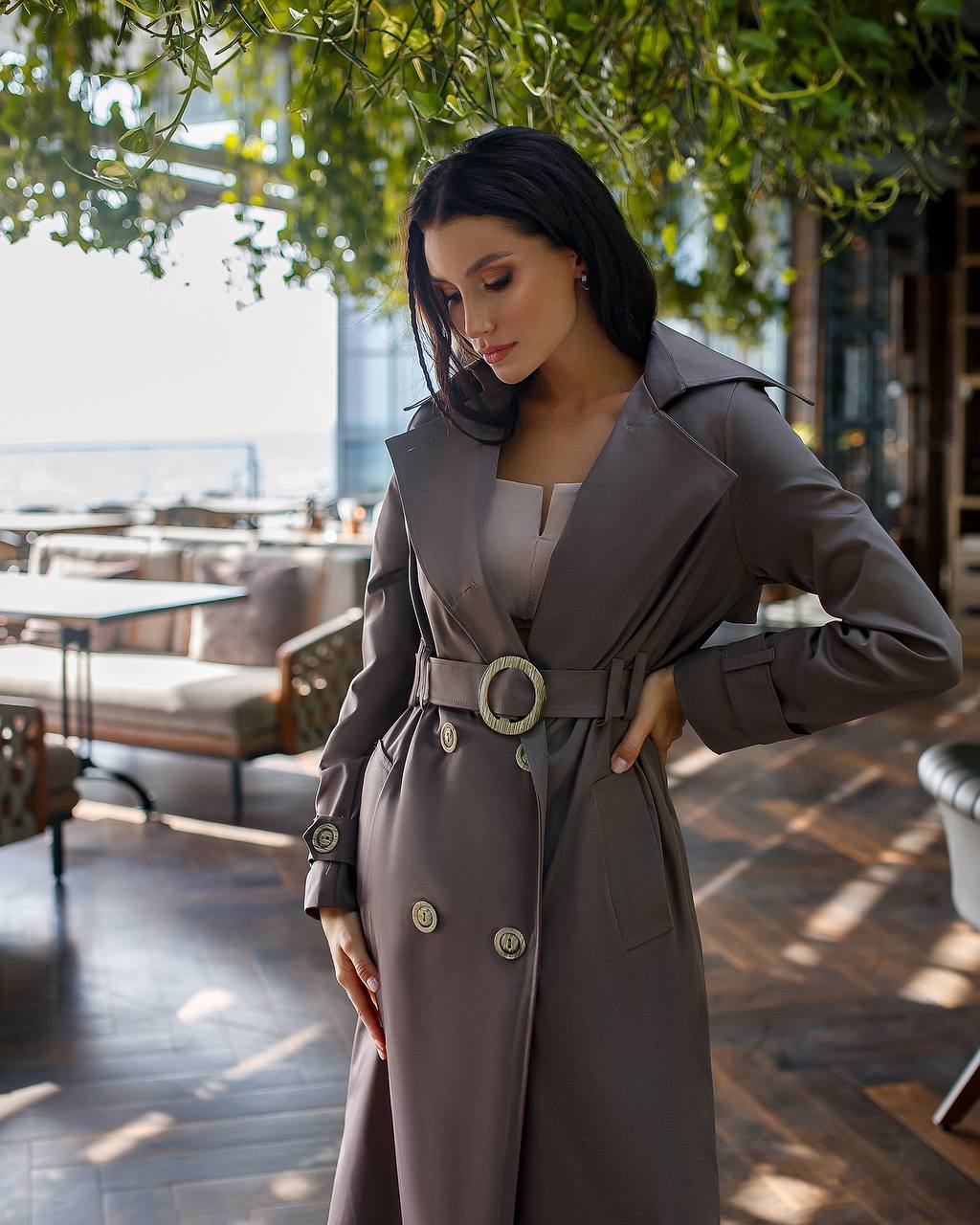 trinarosh Brown Double-Breasted Belted Trench Coat
