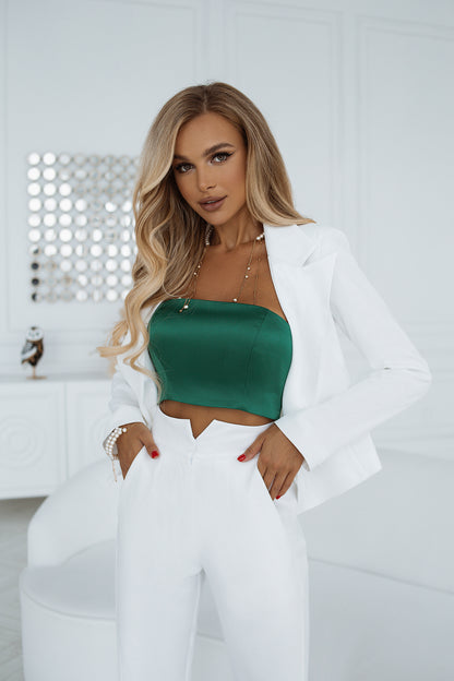 trinarosh White Suit 2-Piece With Cropped Jacket And Satin-Trimmed Straight-leg Trousers