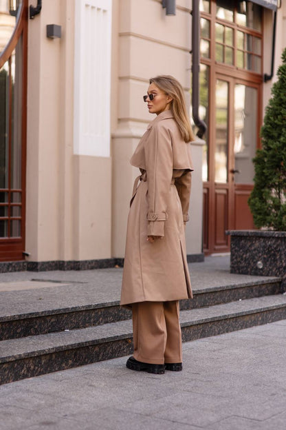 trinarosh Beige Leather Belted Trench Coat