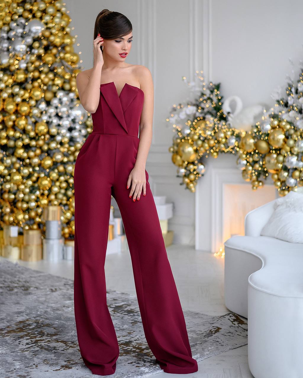 Burgundy Corseted And Flare Pants Jumpsuit trinarosh