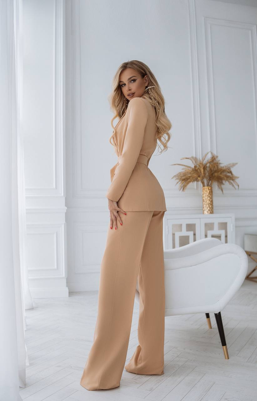 trinarosh Beige Belted Double Breasted Suit 2-Piece