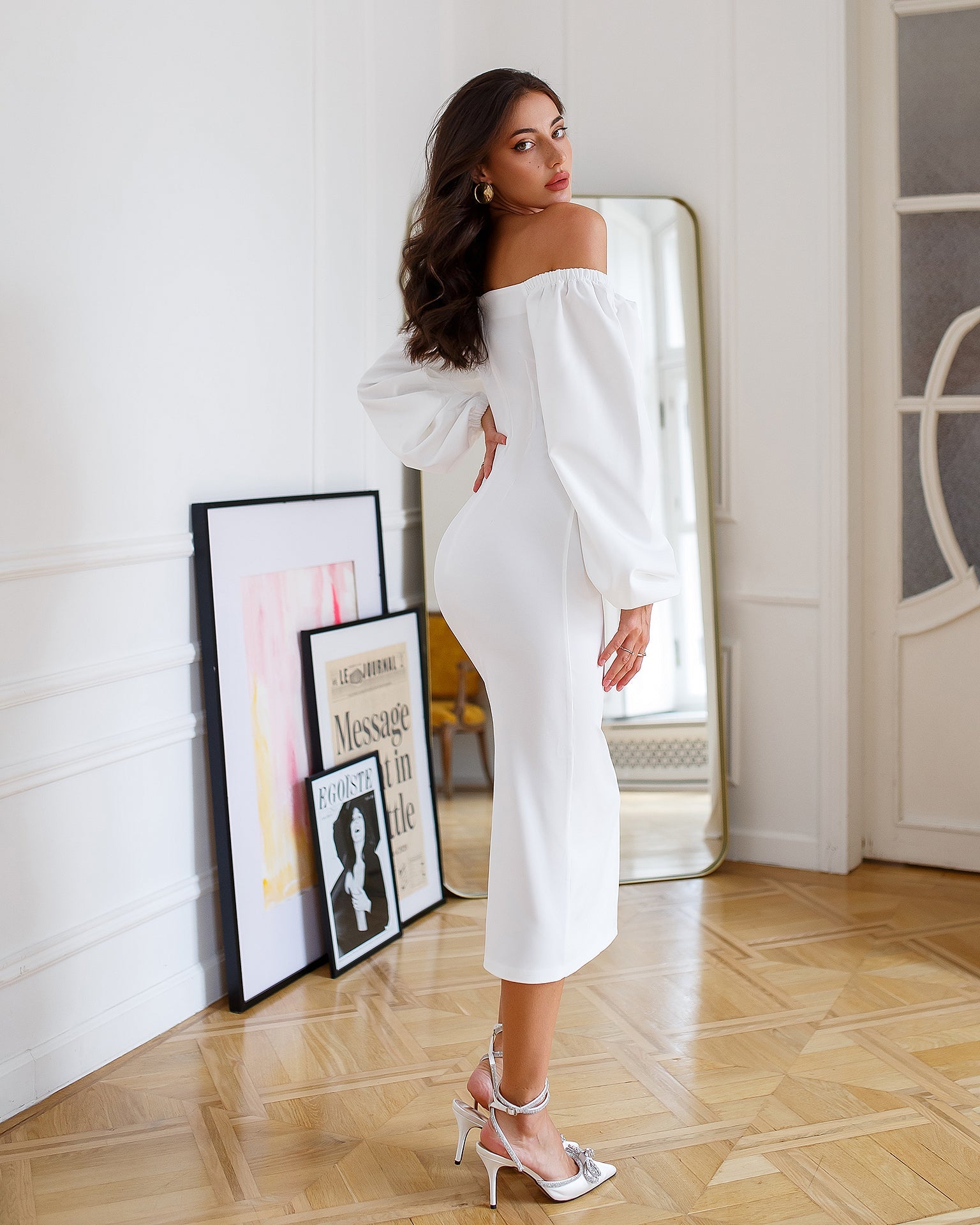 trinarosh White Puff-Sleeve Midi Dress