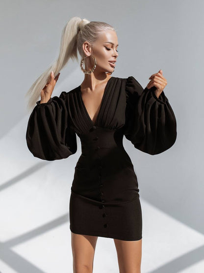 trinarosh Black Backless Puff Sleeve Mini Dress