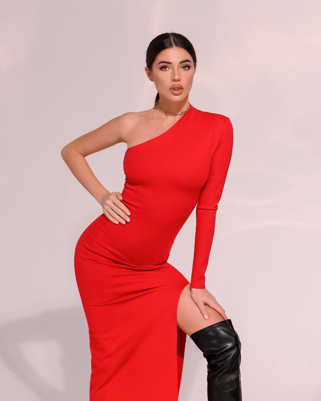 trinarosh Bandage Red One-Shoulder With Leg Slit Maxi Dress