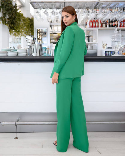 trinarosh Green Double Breasted Wide Leg Suit 3-Piece With Top