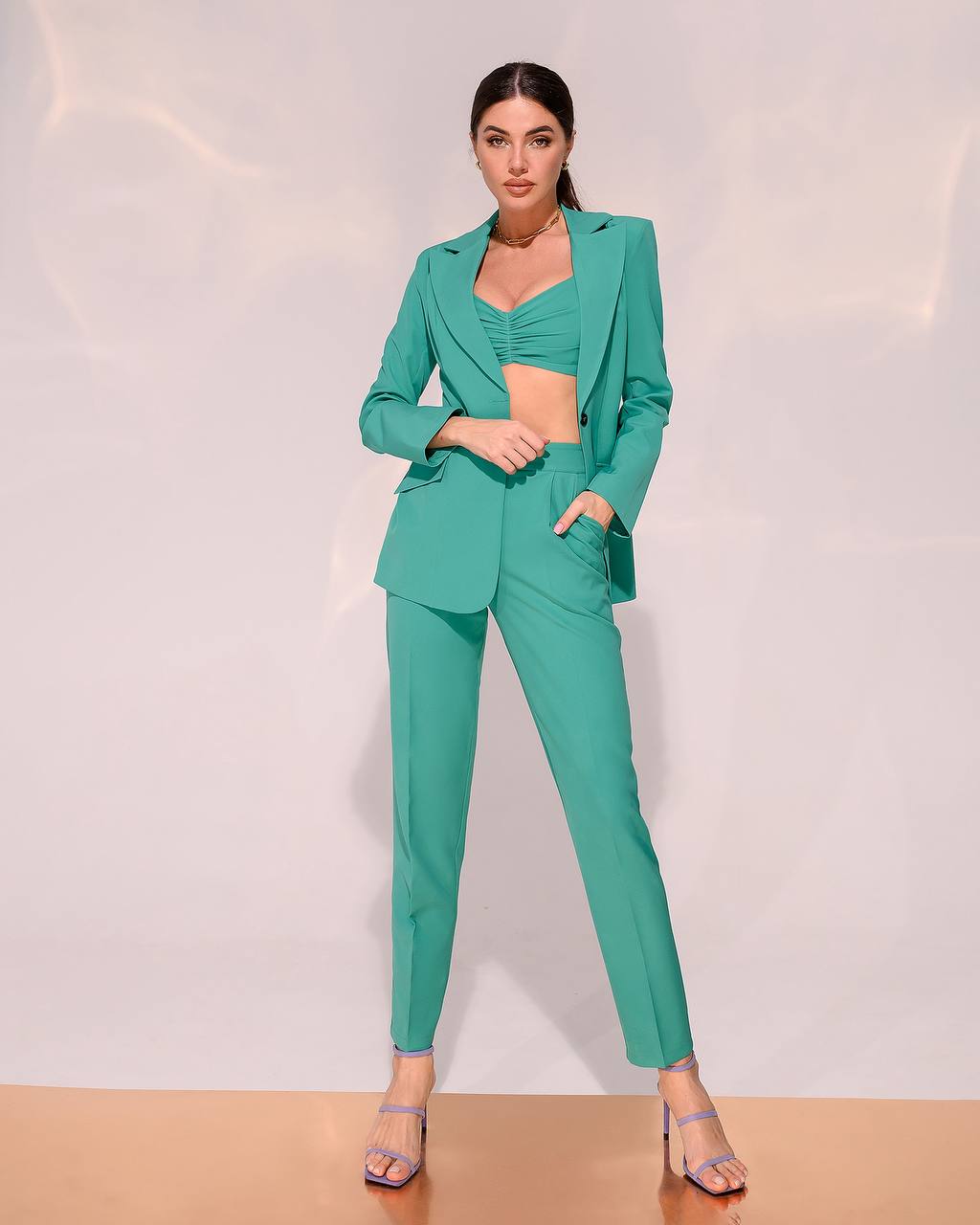 trinarosh Green Casual 3-Piece Suit With Straight Leg Trousers And Top