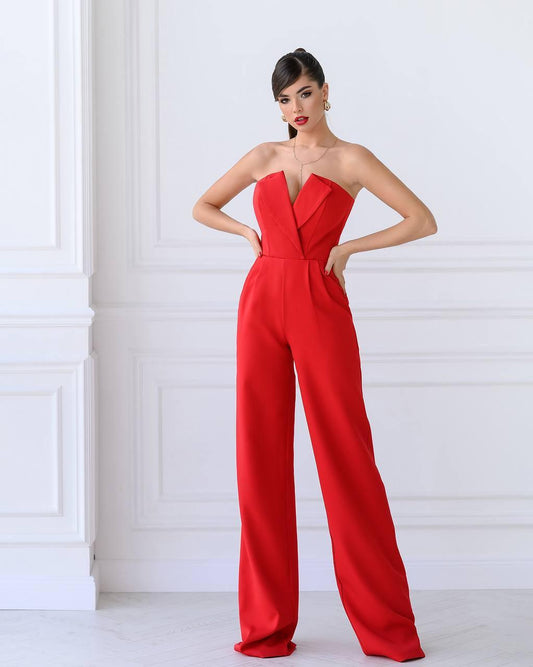 Red Corseted And Flare Pants Jumpsuit