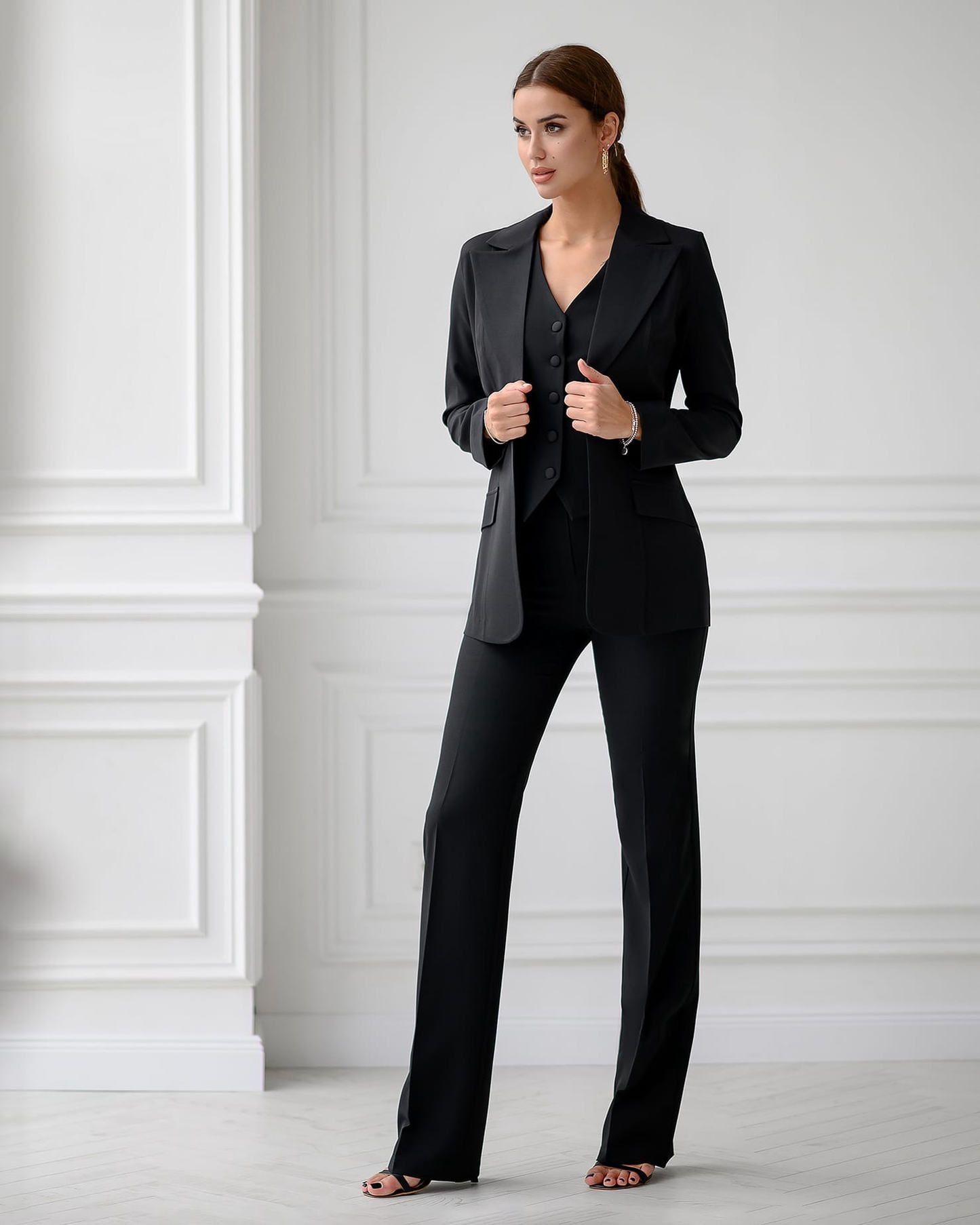 trinarosh Black Classic 3-Piece Suit With Flared Trousers And Vest