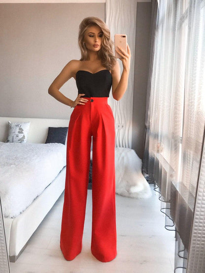 trinarosh Red High Waist Fitted Palazzo Pants