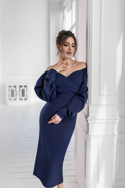 trinarosh Blue Puff-Sleeve Midi Dress