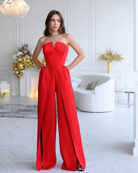 Red Elegant Corseted and Leg Slits Jumpsuit