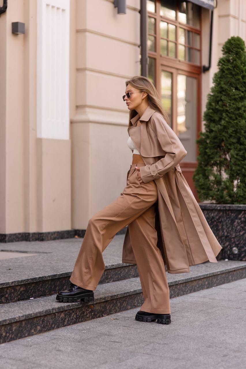 trinarosh Beige Leather Belted Trench Coat