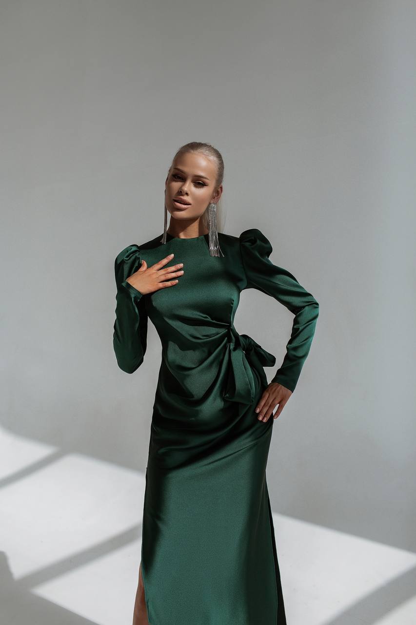 trinarosh Emerald Puff Sleeve Wrap Dress
