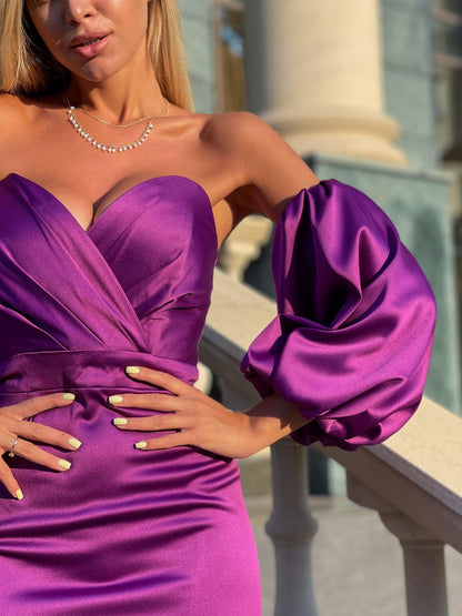 trinarosh Purple Puffed Sleeve Midi Dress