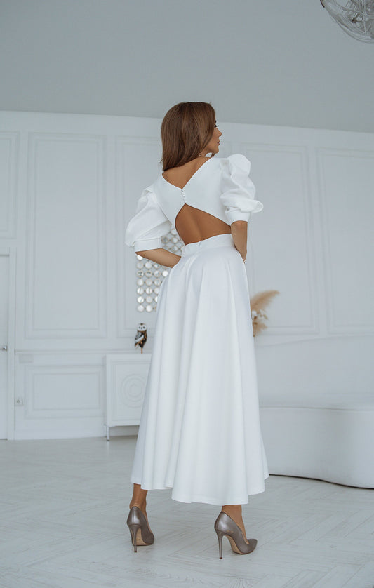trinarosh White Backless Puff-Sleeve Midi Dress