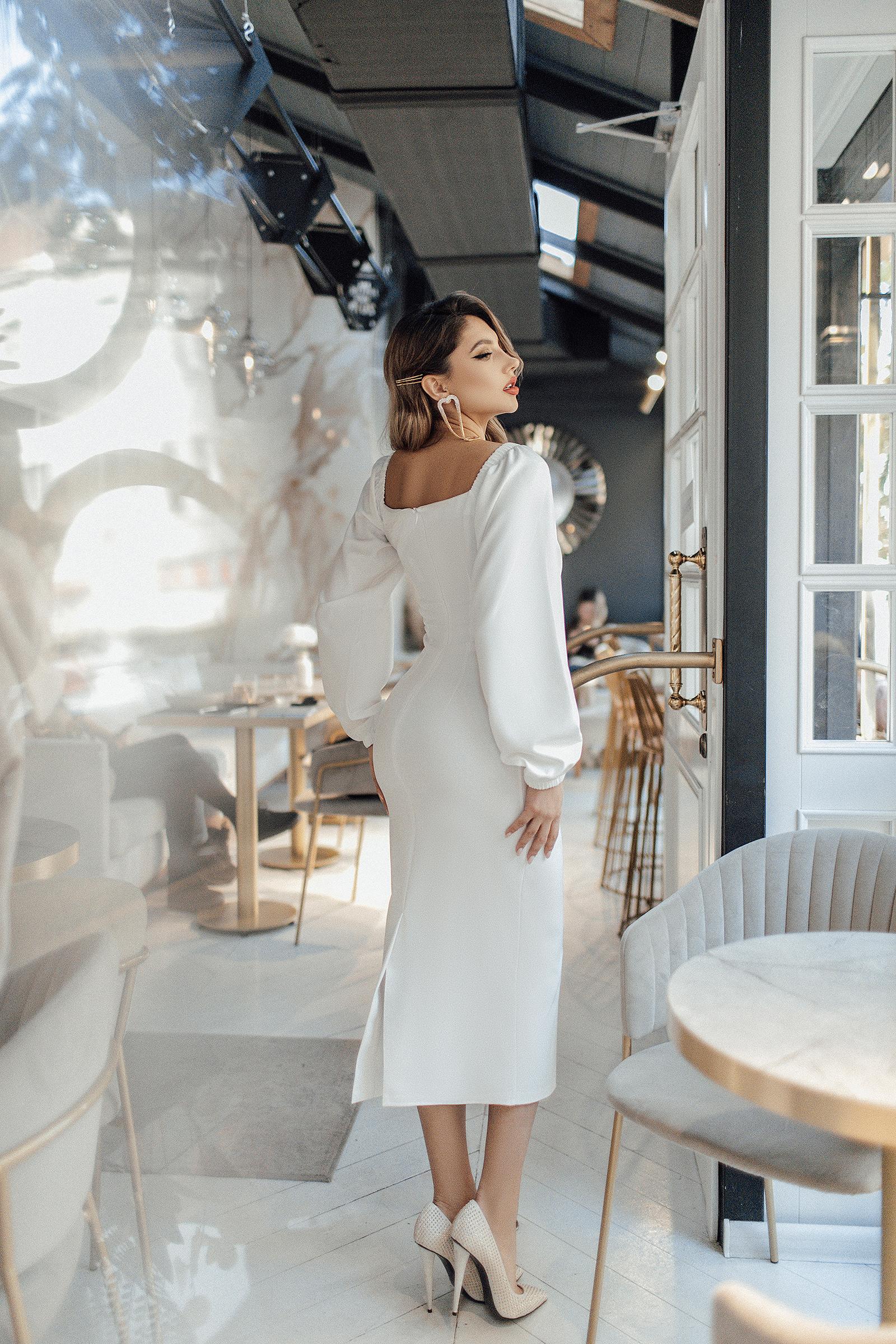 White puff sleeve midi dress sale